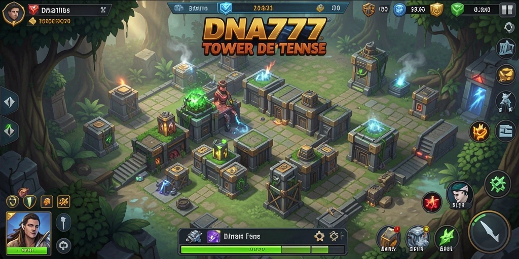Tangkapan layar gameplay DNA777 yang menampilkan pertahanan menara yang strategis.