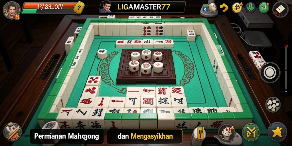 Tampilan permainan LIGAMASTER77 dengan ubin Mahjong yang penuh warna.