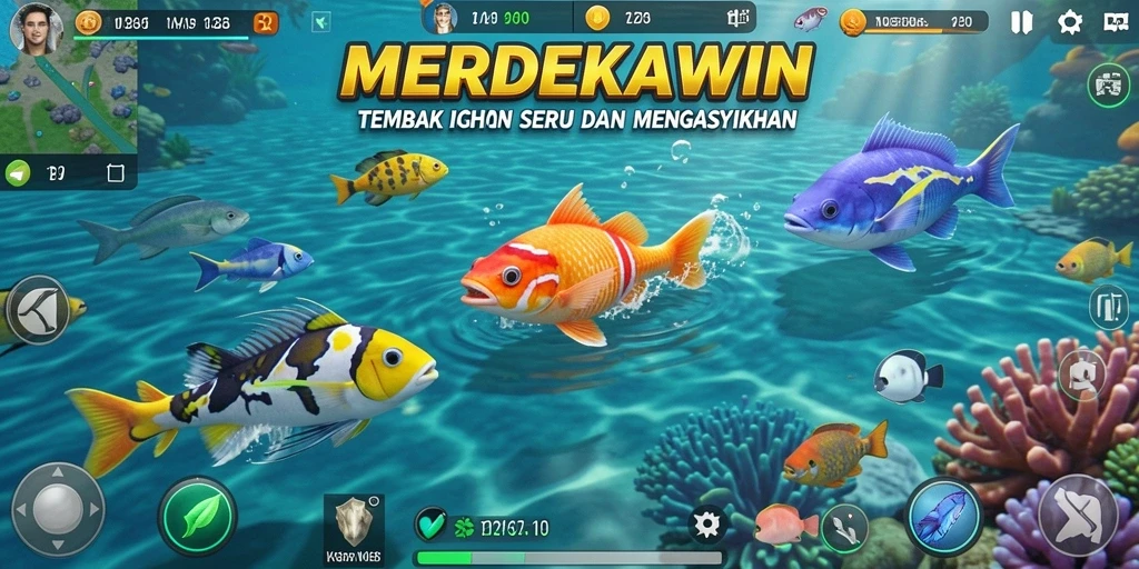 Screenshot gameplay MERDEKAWIN menampilkan aksi seru menembak ikan.