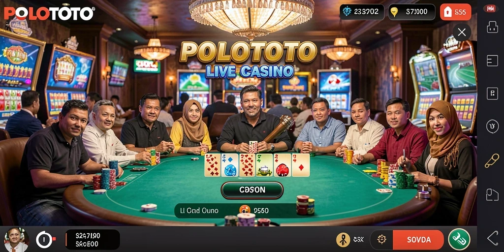 Screenshot utama POLOTOTO menampilkan dealer yang ramah dan gameplay seru.