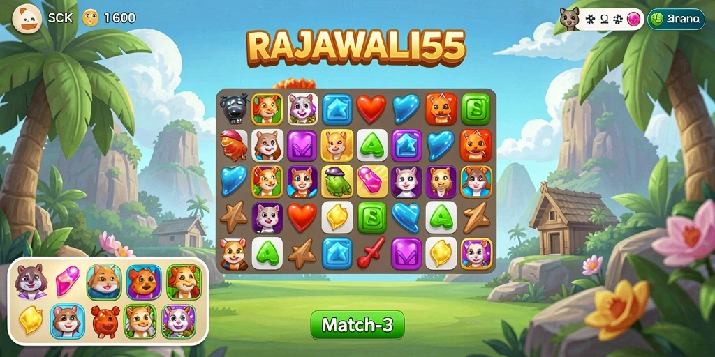 Gameplay seru di RAJAWALI55 dengan tantangan Match-3.