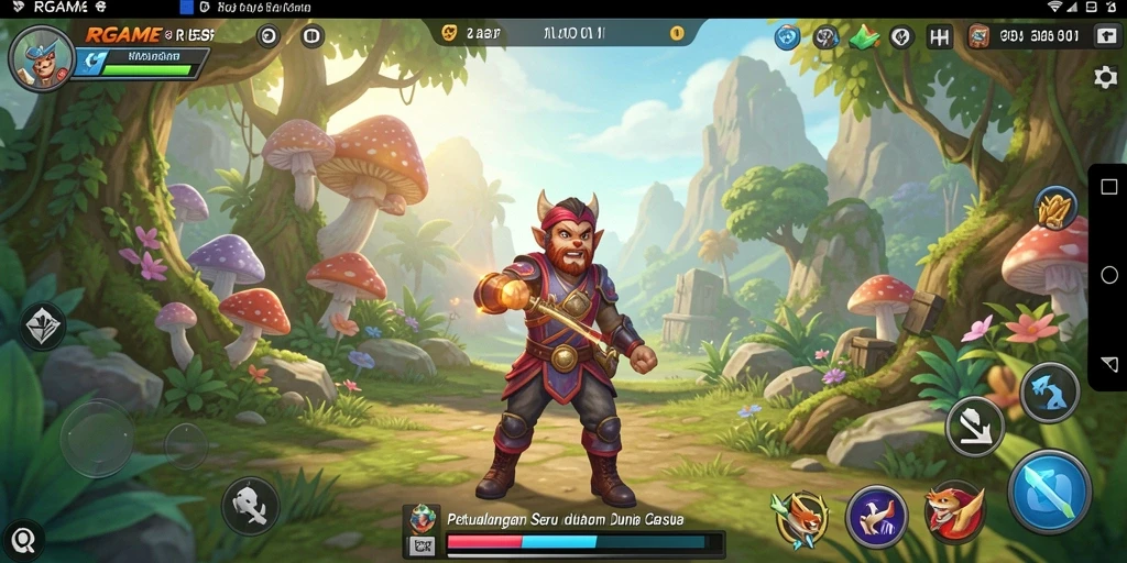 Screenshot utama RPGAME menampilkan karakter dalam pertempuran menyenangkan.