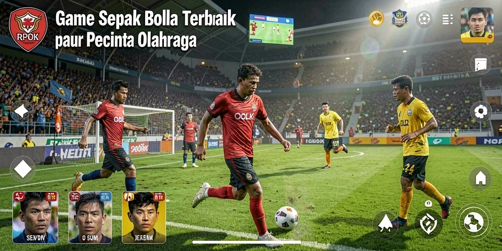 Tangkapan layar gameplay RPOK menampilkan aksi seru pertandingan sepak bola.